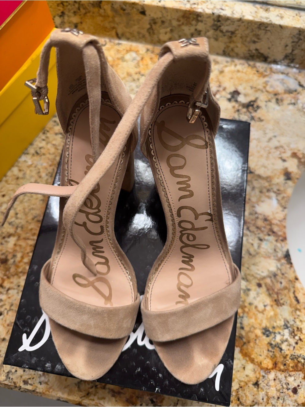 Sam Edelman Taupe Suede Ankle-Strap Block Heel Sandals - Picture 4 of 5